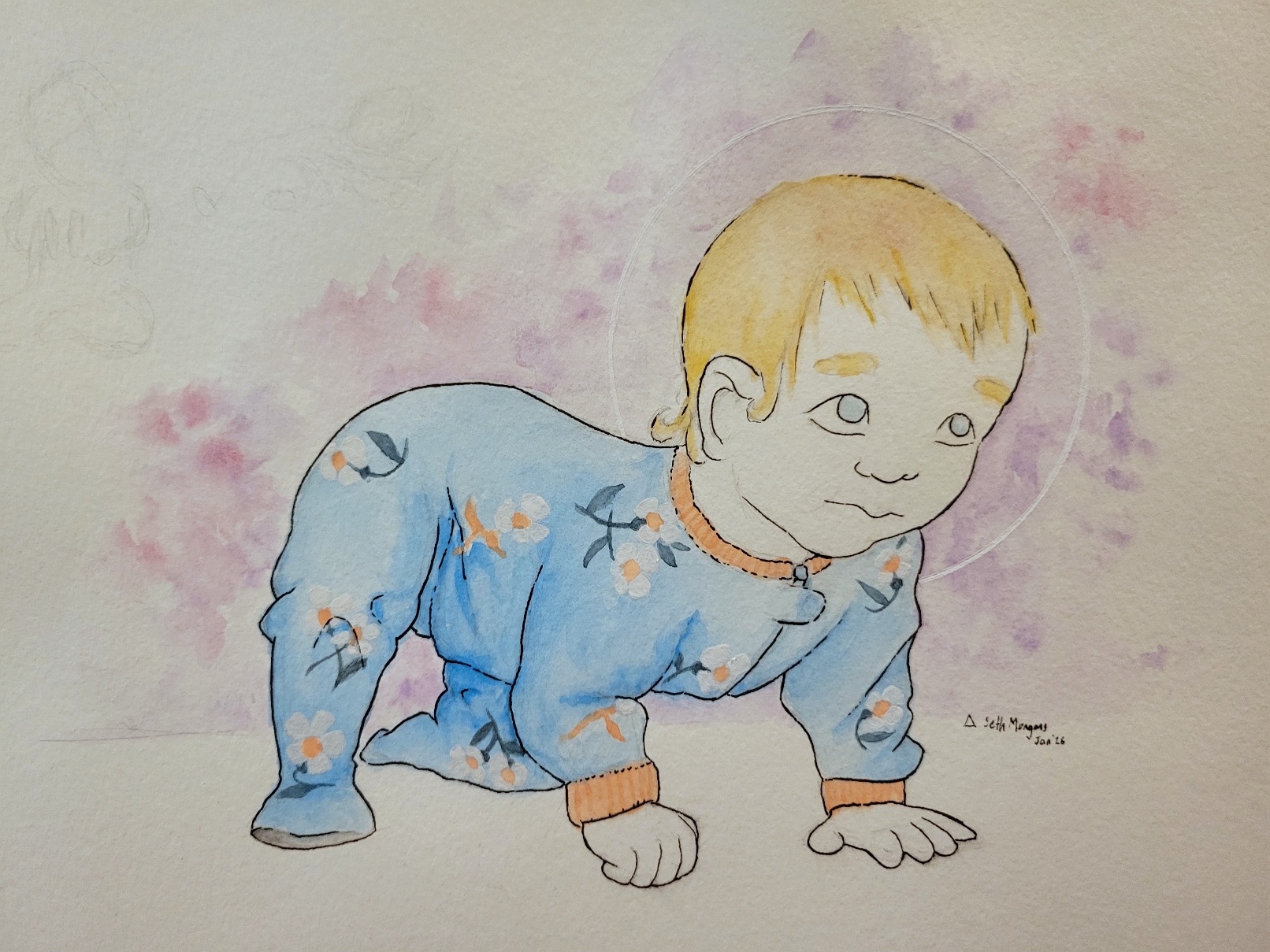 A watercolor and ink illustration of a crawling baby. Her left knee is firmly planted while her right leg is extended with the foot flat on the floor. There is a soft background of pinks and purples that is broken up by a thin white halo around the infant's head