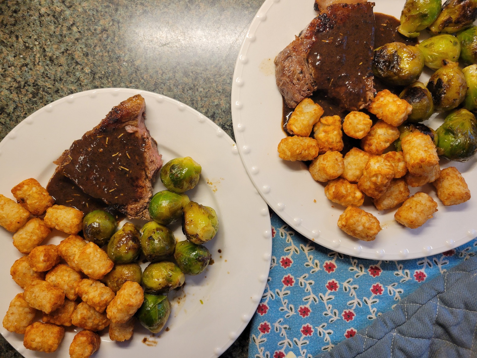 Two plates of steak, tatertots, and brussels sprouts. The steaks are coated in a rich brown pan sauce that is seeping underneath the sides