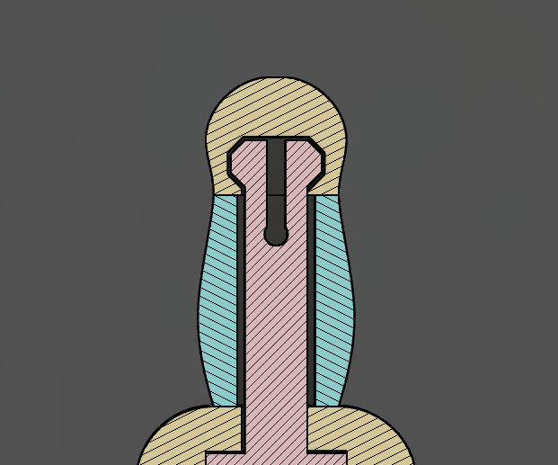 a cross section of a CAD drawing, showing how the inside of the sword clips together