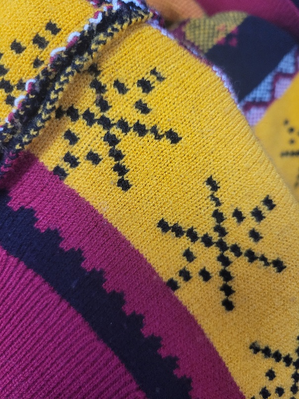 the inside of the sweater; what was black is yellow and what was yellow is black. There is no signlof the hole here either