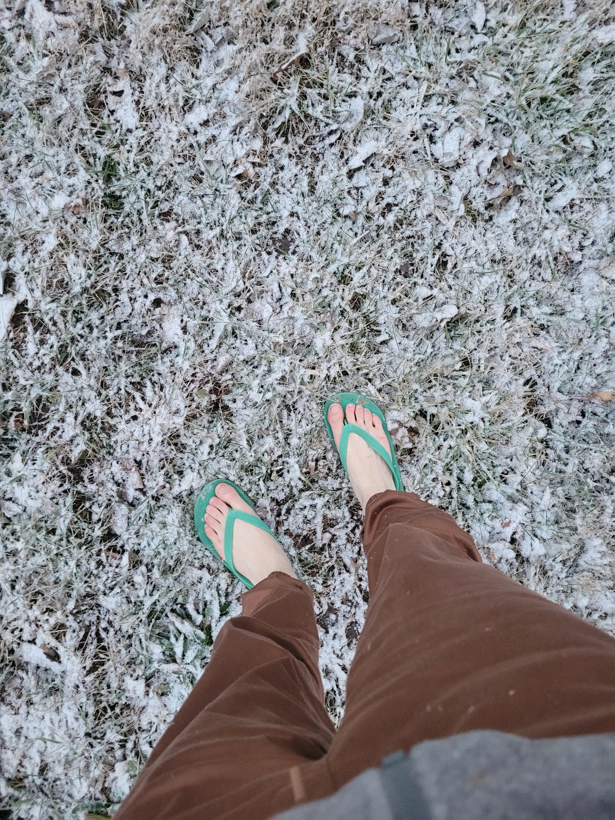 my two flip-flopped feet standing in freshly fallen snow at twilight